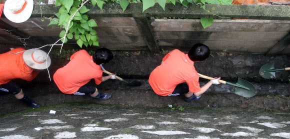 춘천 침수 피해지 찾은 자원봉사자 17일 오전 집중호우로 침수 피해를 입은 강원 춘천시 퇴계동 일대에서 한화그룹에서 온 자원봉사자들이 배수로에 쌓인 이물질을 제거하는 복구활동을 펼치고 있다.  연합뉴스