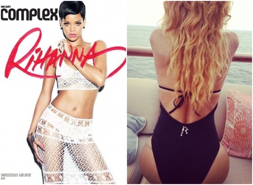 리한나가 오른쪽 사진 속 수영복 차림으로 공공장소인 쇼핑몰에 등장해 논란을 빚고 있다.<br>컴플렉스, 리한나 인스타그램