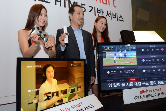 22일 서울 광화문 올레스퀘어에서 김주성(가운데) KT미디어허브 사장이 모델들과 함께 웹 기반 인터넷TV인 ‘올레TV 스마트’의 ‘스마트 야구중계’ 서비스를 선보이고 있다. 도준석 기자 pado@seoul.co.kr