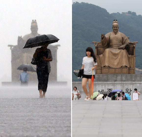 장맛비가 다시 시작된 22일 오전 9시(왼쪽)와 정오에 촬영한 서울 광화문 광장의 모습. 장대비가 쏟아지던 오전과는 달리 3시간 후인 정오에는 다시 찾아온 무더위에 우산 대신 양산을 쓴 시민들이 눈에 띈다. 연합뉴스