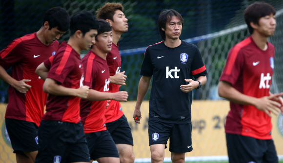 2013 동아시아연맹(EAFF) 축구선수권대회(동아시안컵) 중국과의 경기를 이틀 앞둔 22일 오후 경기도 파주 대표팀트레이닝센터(NFC)에서 축구 국가대표팀 홍명보 감독과 선수들이 몸을 풀고 있다. <연합뉴스>