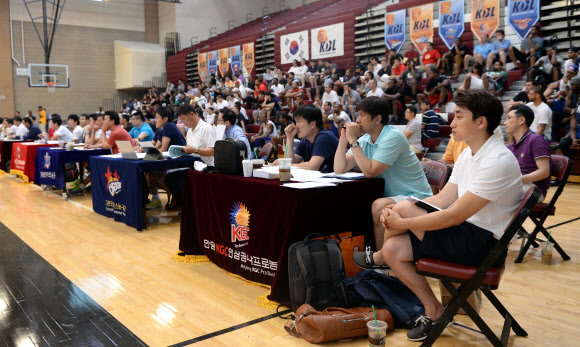 프로농구 각 구단 감독과 코치들이 22일 오후(현지시간) 미국 라스베이거스 데저트 오아시스 고등학교에서 진행된 2013 KBL 외국선수 트라이아웃 첫째날 참가선수들의 기량을 유심히 살피고 있다. <연합뉴스>