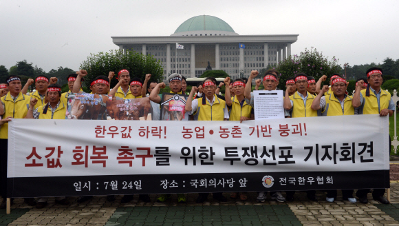 24일 서울 여의도 국회 앞에서 전국한우협회 소속 축산업자들이 소값회복 촉구를 위한 투쟁 선포식을 갖고 있다. 정연호 tpgod@seoul.co.kr