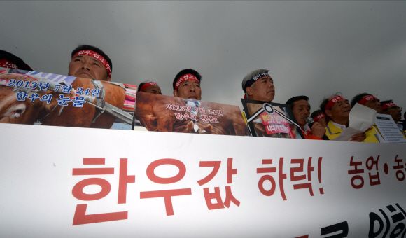 24일 서울 여의도 국회 앞에서 전국한우협회 소속 축산업자들이 소값회복 촉구를 위한 투쟁 선포식을 갖고 있다. 정연호 tpgod@seoul.co.kr