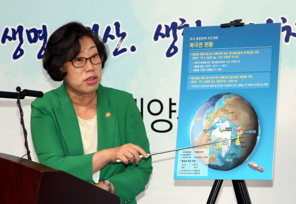 윤진숙 해양수산부장관이 24일 오후 정부세종청사에서 관계부처 합동으로 수립한 ‘북극 종합정책 추진계획’을 발표하고 있다.  연합뉴스