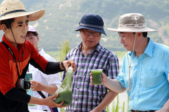이명박 전 대통령 마스크를 쓴 시민단체 회원이 이미경 국회의원에게 지난주 대구취수장에서 채취한 녹조때문에 짙은 녹색을 띠고 있는 낙동강물을 와인잔에 따라주는 퍼포먼스를 진행하고  있다.  연합뉴스