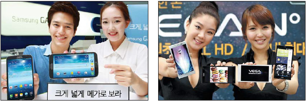 7일 삼성전자가 내놓은 6.3인치(159.7㎜) 화면의 스마트폰 ‘갤럭시 메가’(왼쪽). 국내 스마트폰 중 가장 큰 화면을 장착한 제품으로 폰과 태블릿PC의 중간이란 뜻에서 ‘패블릿’이라 불린다. 오른쪽은 5.9인치 화면의 팬택 ‘베가 넘버6’이다.<br>삼성전자·팬택 제공