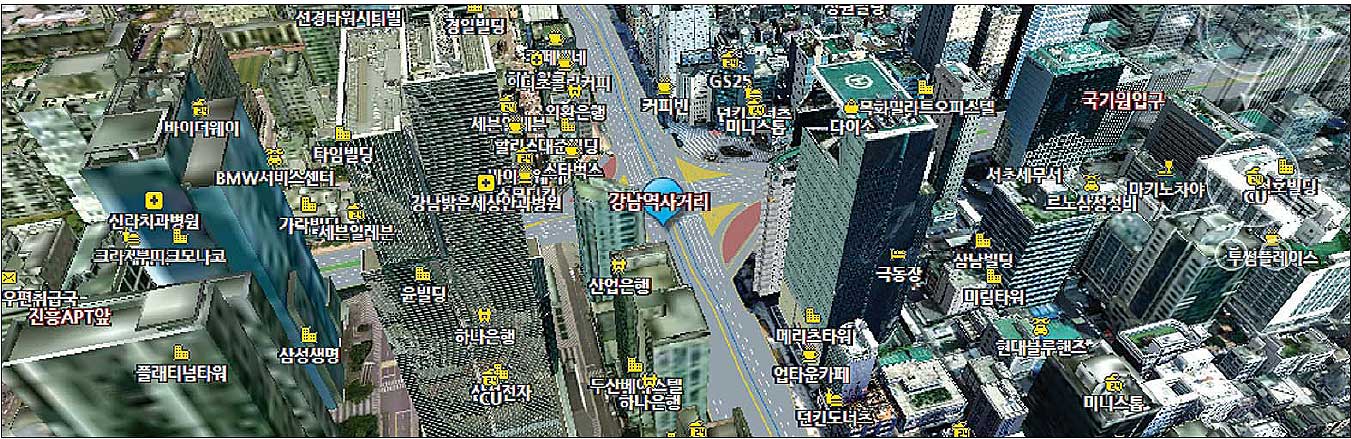 정부가 무료로 제공하는 3차원 지도서비스 ‘브이월드’로 내려다본 서울 강남역 일대 지리정보. 여기에 관광·부동산개발 등의 정보를 얹히면 나만의 맞춤형 디지털 지도가 된다.
