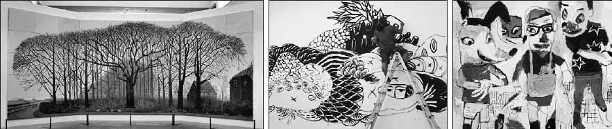 영국 출신의 세계적인 현대미술가 데이비드 호크니가 그린 ‘와터 근처의 더 큰 나무들 또는 새로운 포스트’. 캔버스 50개를 연결해 가로 12m, 높이 4.5m의 대형 풍경화를 만들었다(왼쪽). 인도네시아의 대표 작가 에코 누그로호가 서울 청담동의 갤러리에 직접 그린 벽화(가운데). 베네수엘라 출신 스타스키 브리네스의 ‘Without wishing fate is disordered’. 기괴한 생명체가 만들어낸 기묘한 스토리를 독특한 화풍으로 표현해 유럽과 남미 미술계에 반향을 불러일으키고 있다(오른쪽). 국립현대미술관·아라리오갤러리·박영덕화랑 제공