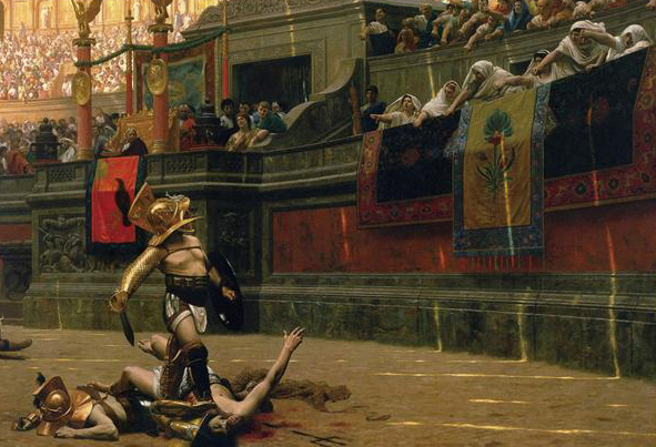 프랑스 화가 제롬이 그린 검투사 경기 장면 ‘폴르케 베르소’. 제롬은 관중이 엄지손가락을 아래로 내린 것은 패자 검투사를 죽이라는 것으로 해석했지만, 실제는 검을 내려놓고 살려 주라는 뜻이었다. 글항아리 제공
