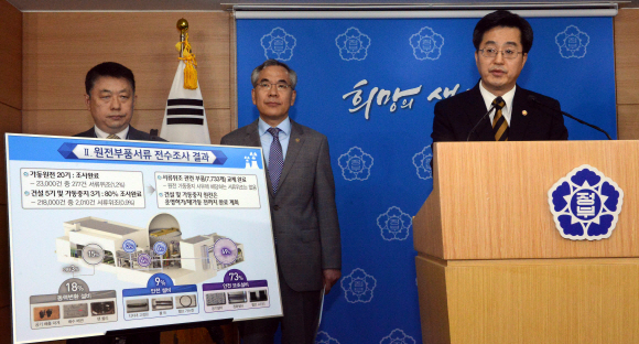 10일 정부서울청사에서 김동연(오른쪽) 국무조정실장이 원전 관련 비리근절을 위한 법률 제정을 내용으로 하는 종합대책을 발표하고 있다. 이종원 선임기자 jongwon@seoul.co.kr