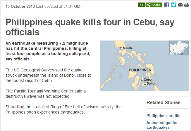 필리핀 지진/ BBC 홈페이지 화면 캡처