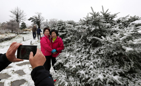 강원 산지에 내린 눈으로 16일 강원 평창군 발왕산 정상(해발 1천458m)에 한겨울 같은 눈꽃이 활짝 핀 가운데 관광객들이 사진을 찍으며 겨울의 낭만을 만끽하고 있다. 연합뉴스