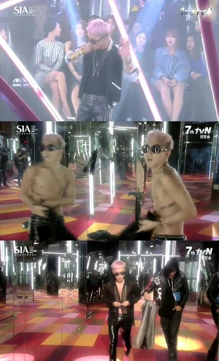 가수 지드래곤이 ‘스타일아이콘어워즈’ 무대 위에서 의상을 갈아입는 파격적인 퍼포먼스를 보여주고 있다.<br>Mnet ‘스타일아이콘어워즈’ 방송 화면 캡처