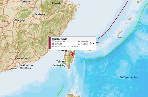대만 화롄현에서 발생한 규모 6.7 지진. / 미국 지질조사국 홈페이지