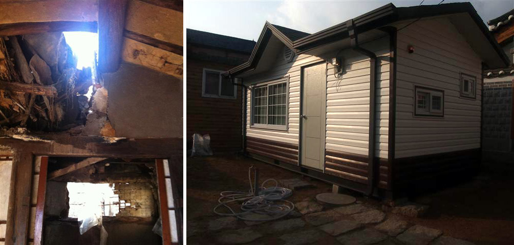 벽과 천장이 뚫린 이덕원 할머니의 한옥(왼쪽)이 건축사, 인근 기업의 재능 기부 등을 통해 새집으로 탈바꿈했다.<br>종로구 제공