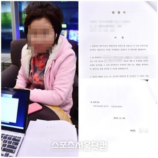 K씨(왼쪽)가 지난 8일 청와대에 제출한 탄원서 일부를 공개하며 울분을 토하고 있다.<br>스포츠서울닷컴