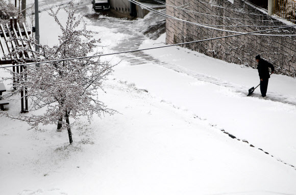 27일 원주 등 강원 15개 시·군에 대설주의보가 내려진 가운데 태백시내에 눈이 쌓여 있다.  연합뉴스