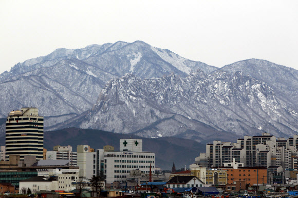27일 오전 울산바위를 비롯한 설악산 능선에 밤새 내린 눈이 하얗게 덮여 있다. 영동산간과 강원 영서지방에는 밤사이 곳에 따라 많은 눈이 내렸다.  연합뉴스