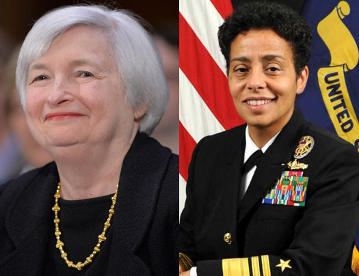 6일(현지시간) 미국 상원의 인준을 통과해 미 연방준비제도이사회 사상 첫 여성 의장이 된 재닛 옐런.(왼쪽) 오른쪽은 흑인여성으로서는 미 해군사상 첫 4성 제독 승진이 확실시되는 미셸 하워드 참모차장.  AP/뉴시스