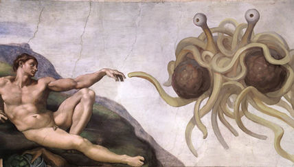 미켈란젤로의 명화 ‘천지창조’를 패러디해 성경에 등장하는 신을 스파게티 괴물로 바꿔버린 그림.