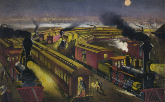 철도는 우편 배달의 속도와 효율성을 크게 향상시켜 19세 중반부터 우편물 운송을 책임지는 역할을 했다. 그림은 우편물을 싣기 위해 야간에 역에 정차한 기차들의 모습.  예경 제공 