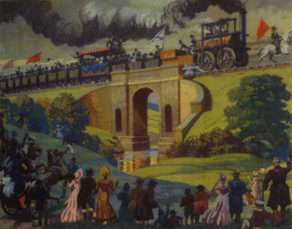 철도의 아버지로 불리는 조지 스티븐슨이 설계, 제작한 기관차가 영국의 스톡턴~달링턴 철도를 달리고 있다. 스티븐슨이 직접 기관차를 운전하고, 깃발을 든 한 남자가 말을 타고 기차를 인도하고 있다.  예경 제공