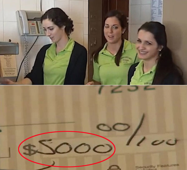 (위) 사라 시킹어(왼쪽부터), 앰버 카리오리치, 에이미 사바니 (아래) 익명의 여성이 전한 5000달러 수표 