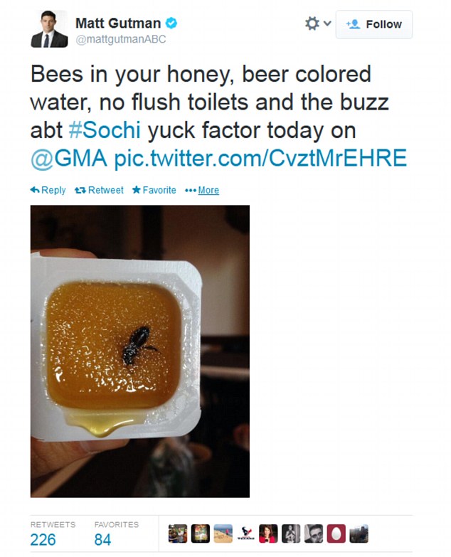 러시아 소치의 황당한 숙소. 밀봉된 꿀에 벌레가 익사했다. / 트위터 @mattgutmanABC