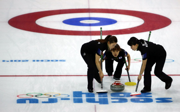 11일 오전(현지시간) 러시아 소치 해안 클러스터 올림픽 파크 내 아이스 큐브 컬링 센터에서 열린 여자 컬링 예선 일본과의 경기에서 대한민국 여자 컬링 대표팀 김은지(가운데)가 스톤을 던지자 이슬비(왼쪽), 신미성이 브룸을 쓸고 있다. 연합뉴스