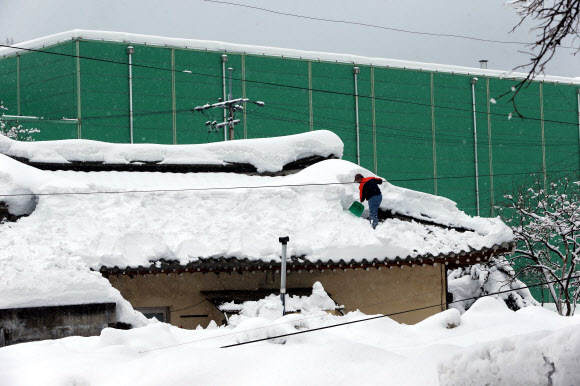 강원 강릉지역에 ‘눈 폭탄’으로 피해가 속출한 가운데 18일 강동면 모전리의 한 주민이 지붕위에 쌓인 눈을 치우고 있다.  연합뉴스