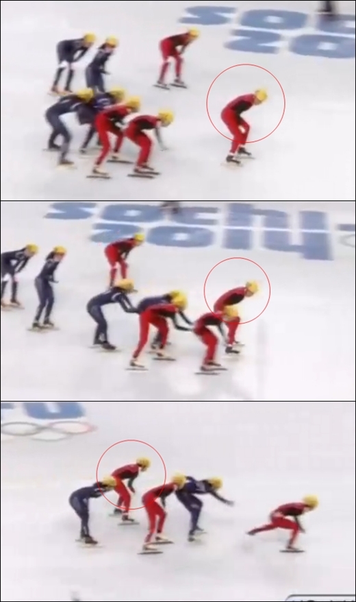 여자 쇼트트랙 3000m 계주 결승 중국 진로방해 순간. 레이스와 전혀 상관없는 트랙 안쪽에 있던 선수(동그라미)가 한국팀의 레이스 교체 순간 진로를 방해하고 있다. / SBS 중계