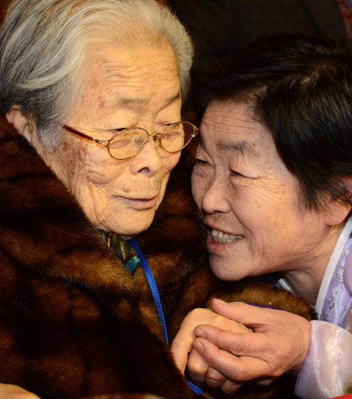 3년 4개월만에 다시 열린 제19차 이산가족 상봉행사 마지막 날인 22일 오전 금강산호텔에서 열린 작별상봉에서 최고령자인 김성윤(96))씨가 여동생 김승희와 작별인사를 나누고 있다. 동생 김승희씨는 통일되서 다시 만나자며 건강을 당부했다.  금강산=사진공동취재단