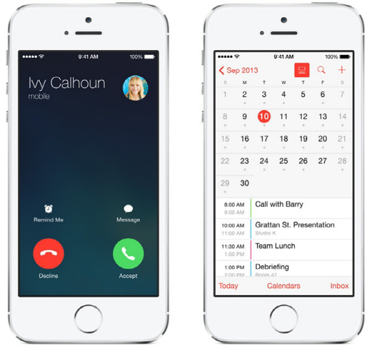 iOS 7.1 업데이트가 적용된 전화 수신 화면과 캘린더.