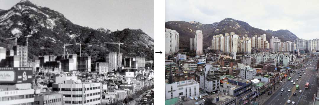 1999년과 2010년. 인왕산 주변에 아파트가 지어지고 있는 1999년 모습과 빽빽한 아파트가 수려한 인왕산을 병풍처럼 가린 2010년의 모습. 남산복원이 진행돼 남산 외인아파트가 폭파된 1994년에도 인왕산과 북한산 기슭에는 쉴 사이 없이 아파트가 건설되고 있었다.  서울시 제공 