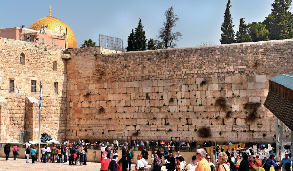 유대인의 고통을 상징하는 ‘통곡의 벽’ 전경. 왼쪽 벽이 남자, 오른쪽은 여자가 기도하는 곳이다. 뒤쪽 바위 돔 사원의 지붕엔 500㎏의 순금이 씌워져 있다고 전해진다.