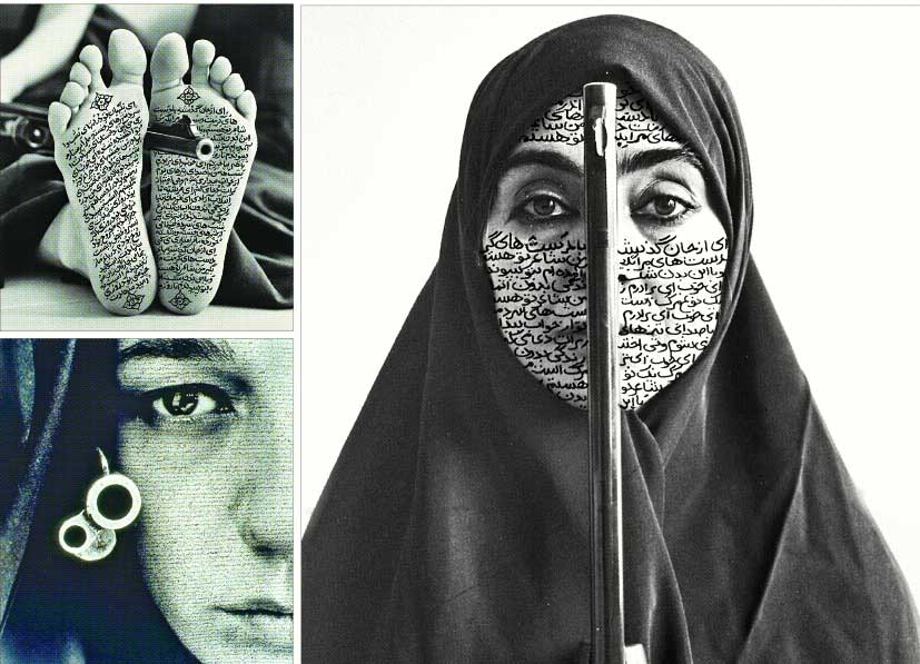 시린 네샤트의 ‘알라의 여인들’ 연작 중 ‘침묵의 저항’. 검은 히잡을 둘러쓴 여인의 얼굴을 가르는 금속성 총열을 통해 억압적 권위에 도전하는 여성의 모습을 웅변한다. 국립현대미술관 제공