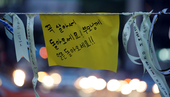 시민단체 민주실현시민운동본부 주최로 24일 저녁 서울 중구 정동 덕수궁 대한문 앞에서 열린 세월호 무사생환 염원 촛불집회 참석자들이 걸어 놓은 염원 메시지가 줄에 걸려 있다.  연합뉴스