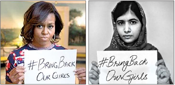 나이지리아 납치 소녀들에 대한 국제사회의 관심을 촉구하기 위해 ‘우리의 소녀들을 되찾자’라고 적힌 종이를 들고 있는 버락 오바마 미국 대통령의 부인 미셸 오바마(왼쪽)와 파키스탄 여성인권운동가 말랄라 유사프자이(오른쪽). 출처 미셸 오바마·말랄라 유사프자이 트위터