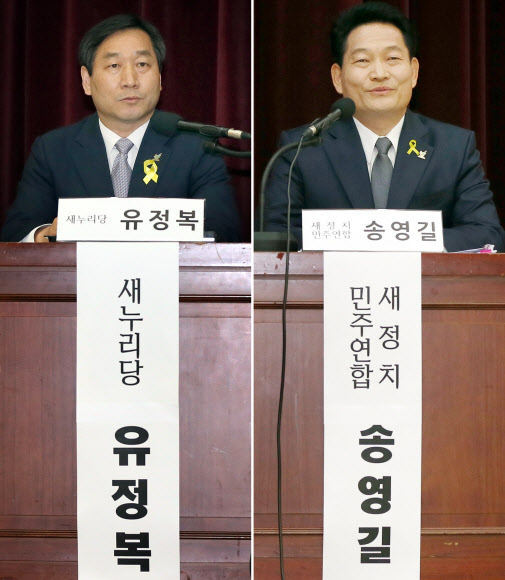 인천시장 새누리당 유정복 후보(왼쪽)-새정치민주연합 송영길 후보. 연합뉴스