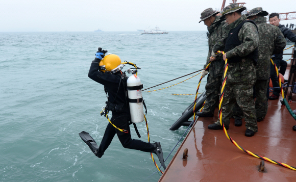 전남 진도군 관매도 인근 사고 해역에서 다이버가 실종자 수색을 위해 입수하고 있다.  
