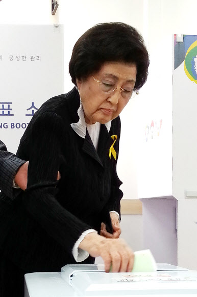 투표하는 이희호 여사