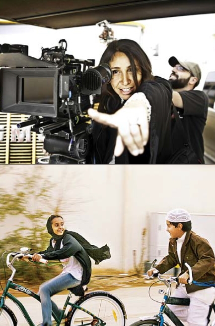 사우디아라비아 최초로 장편 영화인 ‘와즈다’의 극본을 쓰고 연출을 맡은 하이파 알 만수르(위) 감독. ‘와즈다’(아래)는 사우디에서 여성에게 금지된 자전거를 타는 열 살 소녀의 유쾌한 반란을 그렸다.<br>크리스리픽쳐스 인터내셔널 제공