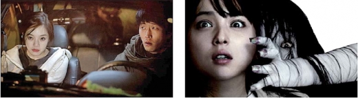 왼쪽은 내비게이션을 소재로 3일 개봉한 국산 공포영화 ‘내비게이션’, 오른쪽은 오는 10일 개봉하는 일본의 대표적인 공포물 시리즈 ‘주온: 끝의 시작’.<br>골든타이드픽처스·엔케이컨텐츠 제공