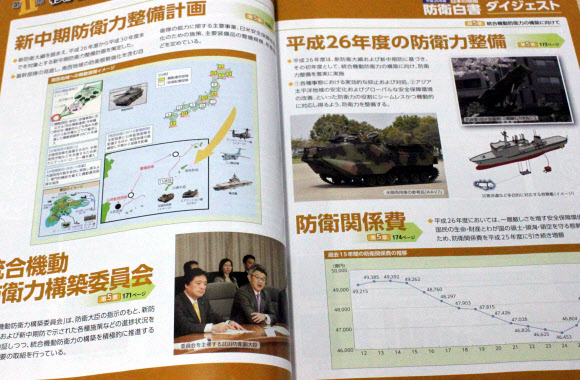 일본 방위성이 5일 공개한 2014년도판 방위백서에 2014년도 방위력 정비 등에 관한 설명이 담겨 있다.  연합뉴스