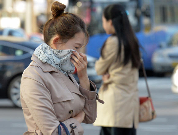 서울 아침 기온이 9도로 떨어진 14일 서울 광화문에서 시민들이 쌀쌀해진 날씨에 코트를 입고 머플러를 두르는 등 한결 두꺼워진 옷차림으로 출근하고 있다.  손형준 기자 boltagoo@seoul.co.kr