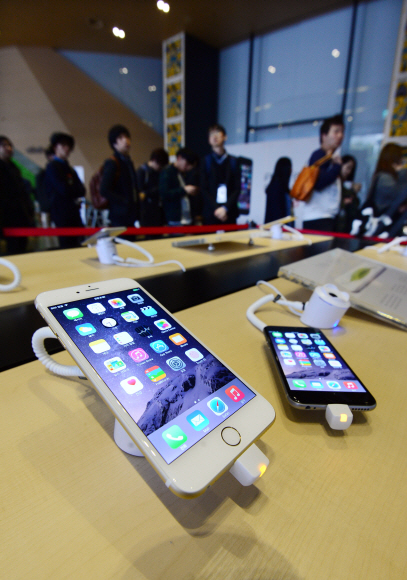 애플의 아이폰6와 아이폰6플러스가 출시된 31일 서울 광화문 KT 올레스퀘어에서 고객들이 개통을 기다리고 있다.  도준석 기자 pado@seoul.co.kr