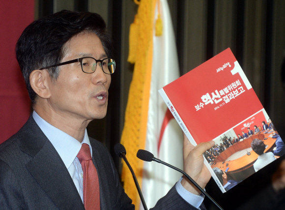 김문수 보수혁신특별위원장이 11일 국회에서 열린 새누리당 의원총회에서 9개 혁신안에 대해 설명하고 있다. 