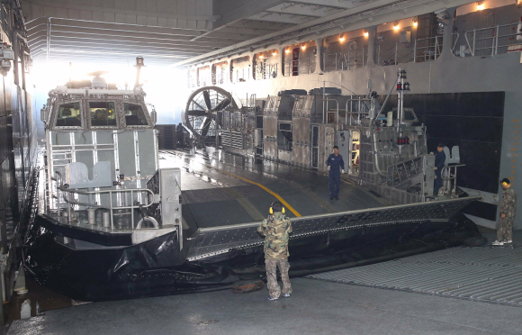 2014 호국합동상륙훈련이 열린 18일 새벽, 경북 포항 인근 해상에서 작전 수행중인 독도함 격납고에 임무를 마친 고속공기부양정 솔개(LSF-II)가 복귀하고 있다.  사진공동취재단