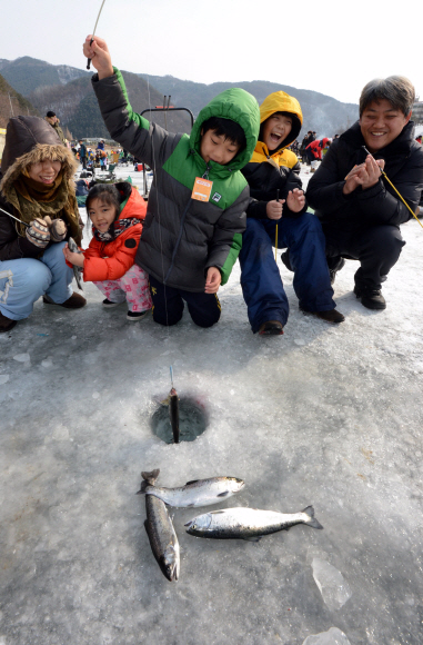 18일 강원 화천군 화천읍에서 열린 ‘2015 화천산천어축제’에 가족 단위의 관광객들이 찾아 화천천 얼음벌판에서 산천어 낚시 등을 즐기며 겨울 추억을 만들고 있다. 화천 이종원 선임기자 jongwon@seoul.co.kr